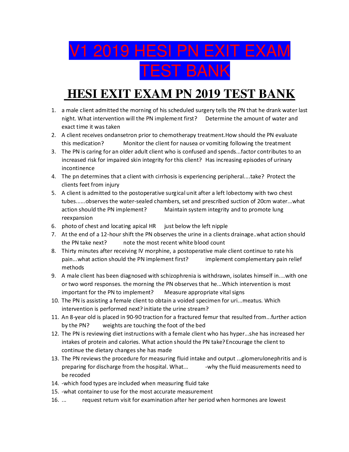 Preview of Exam (elaborations) NURSING 1 - V1 2019 HESI PN EXIT EXAM TEST BANK(A+ GRADED EXPLANATIONS
